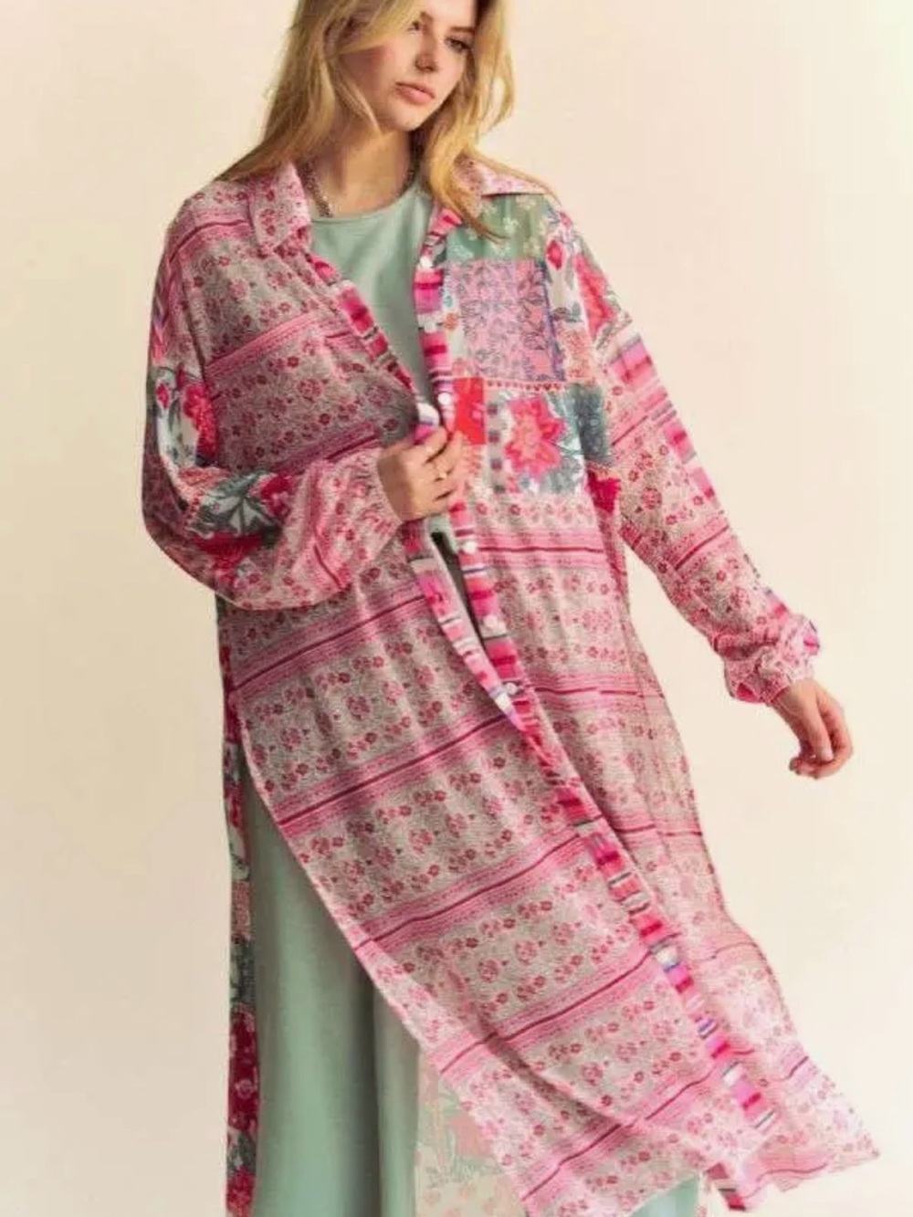 DAVI & DANI Pink Floral Patchwork Longline Cape Coat